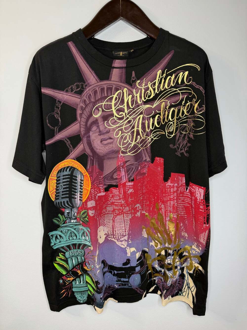 Y2K Christian Audigier Graphic T-shirt New York City Statue of Liberty Black XXL